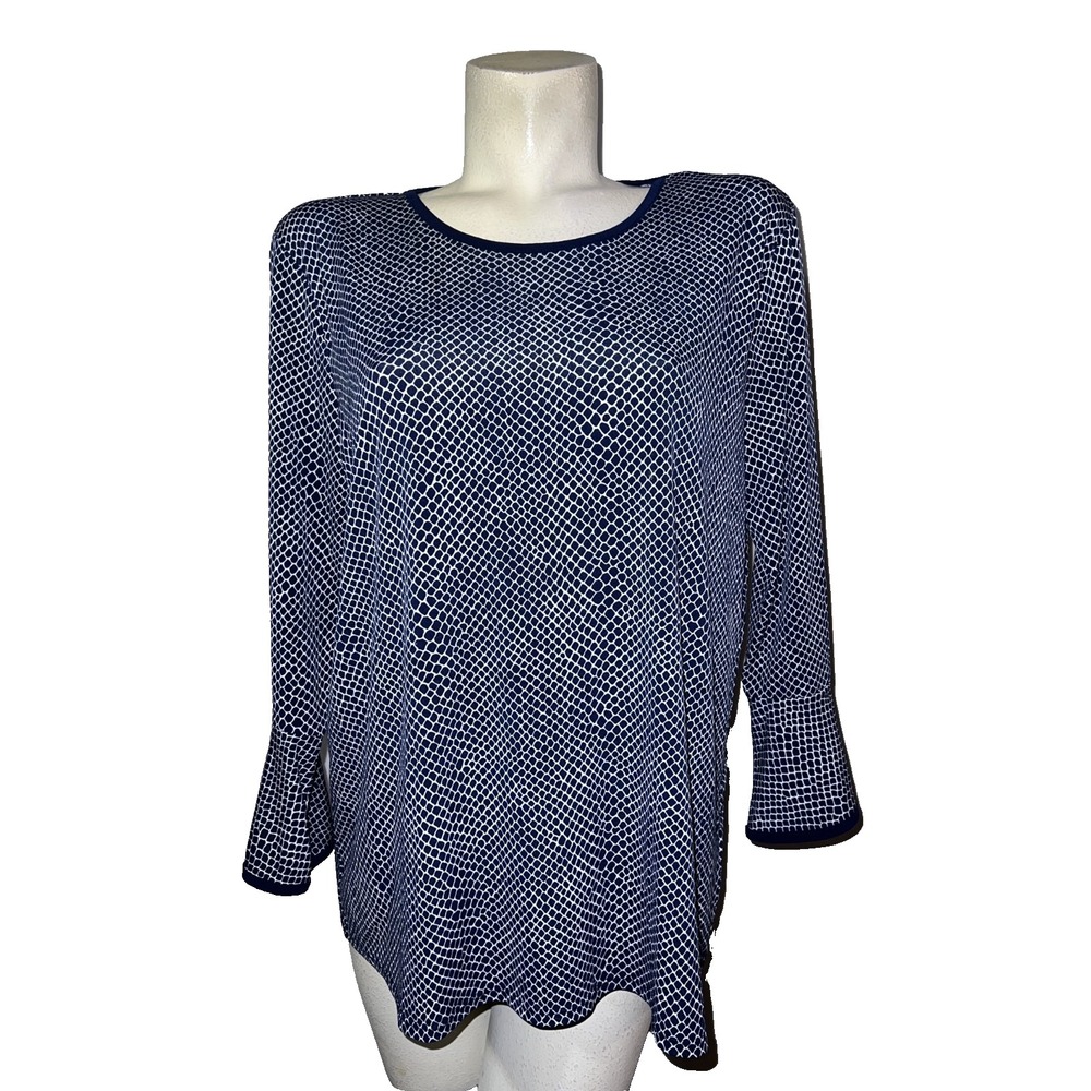 Michael Kors Navy White Geometric Snakeskin Print Bell‎ Sleeve Blouse Top XL